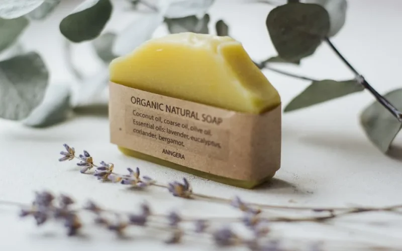 Organic natural soap made of essential oils placed near fresh flowers and branch of plant
