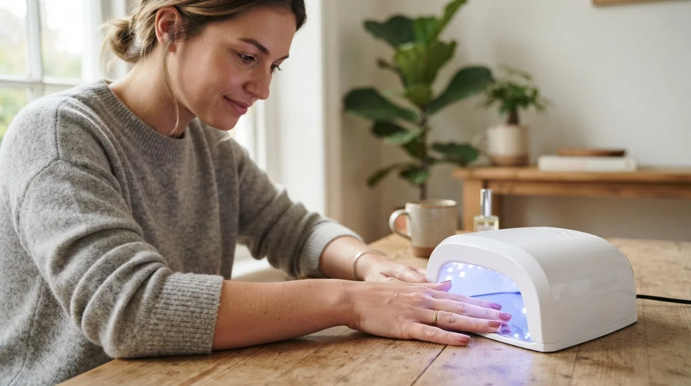 a woman using a UV LED lamp to cure her nails