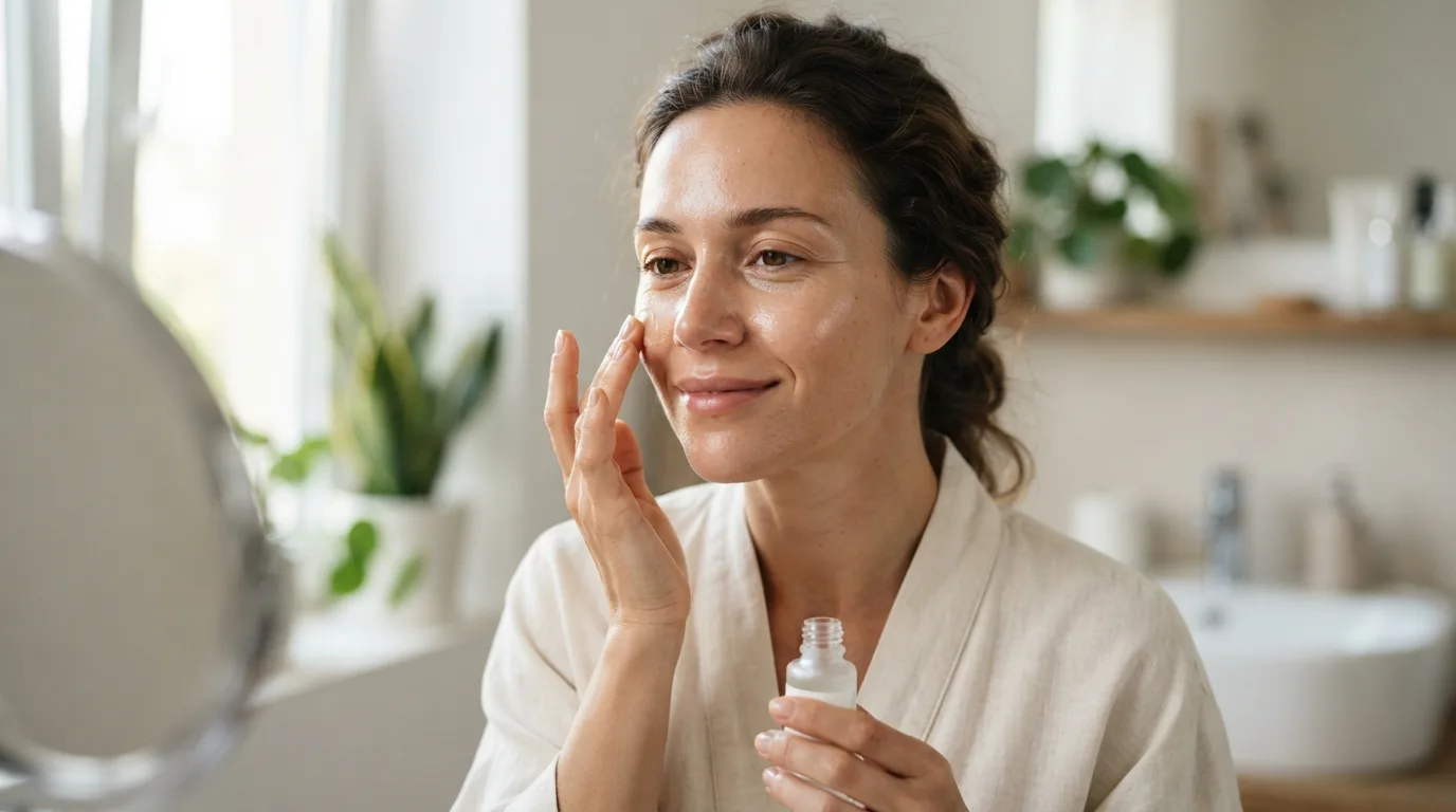 a woman applying serum to her face