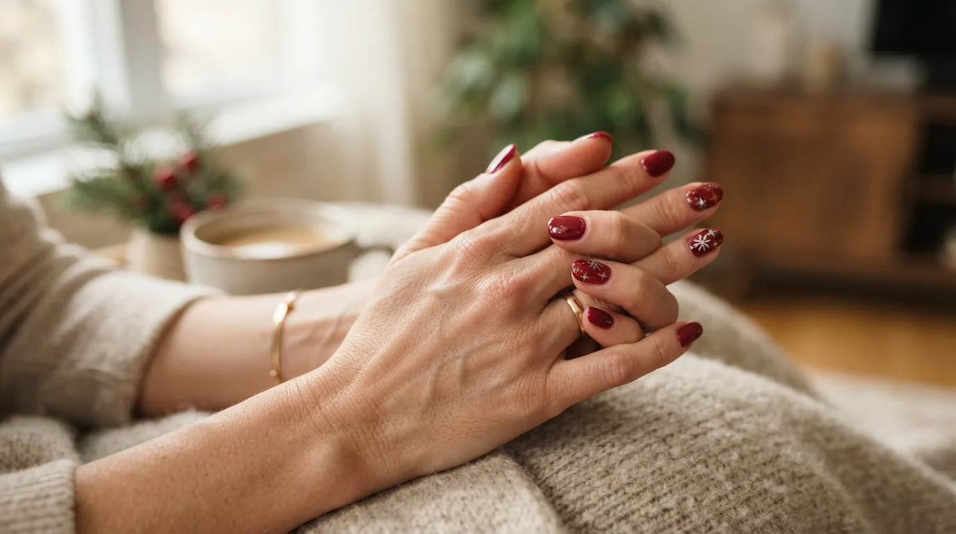a woman's hands with festive nail art