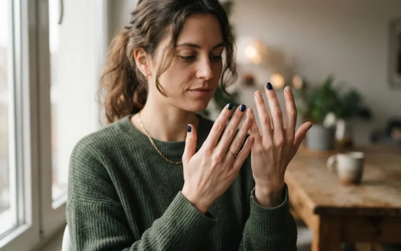 a woman looking at her hands with some nails painted and others bare