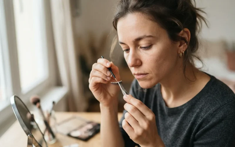 a woman applying eyelash glue to false eyelashes