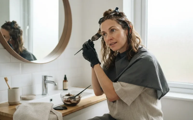 a woman applying a natural-looking hair dye to her hair in a bathroom