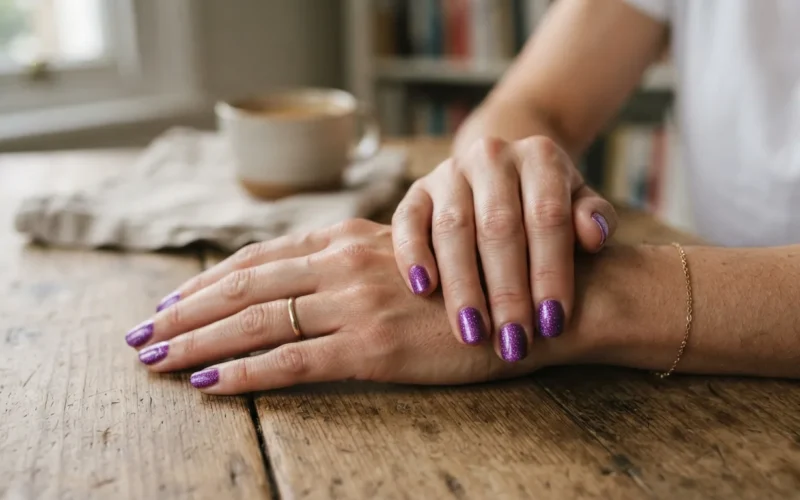 a woman's hands with purple glitter nail polish
