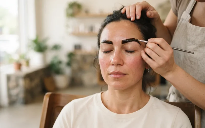 a woman having her eyebrows tinted with henna