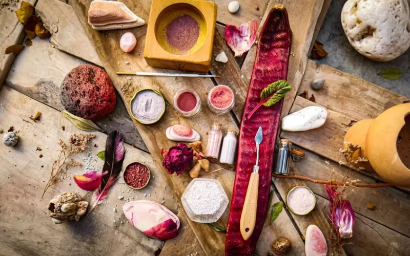 A creative flat lay with natural pigments, tools, and artistic elements on a wooden surface.