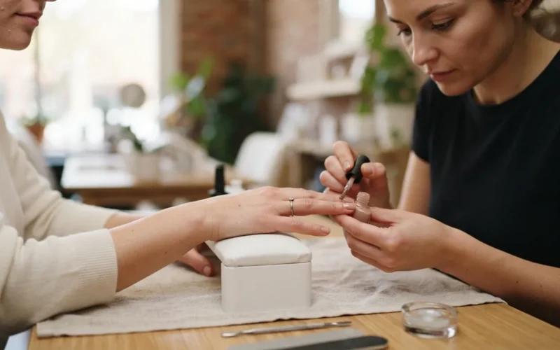 a woman having her nails painted with gel polish