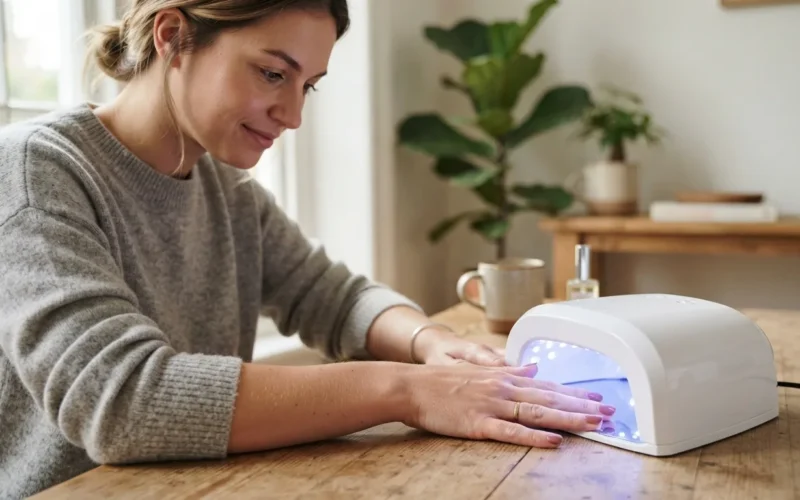 a woman using a UV LED lamp to cure her nails