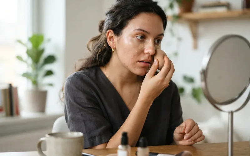 a woman applying foundation to her face with a makeup sponge