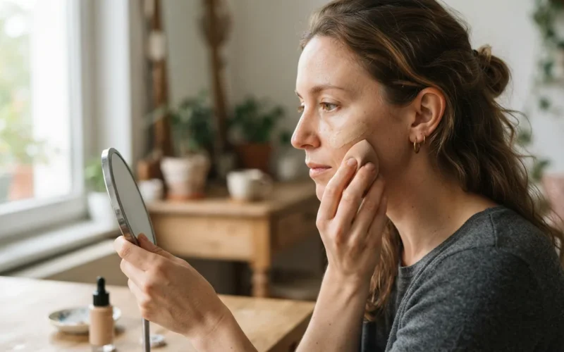 a woman applying foundation to her face