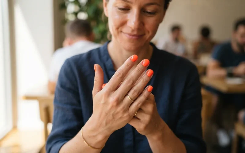 a woman showing her neon orange painted nails