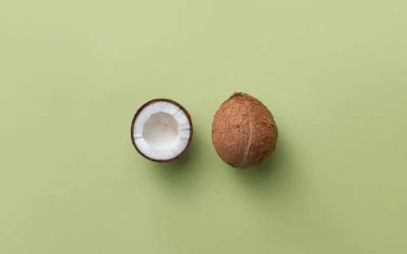 Two coconuts displayed on a green background highlighting tropical fruit themes.