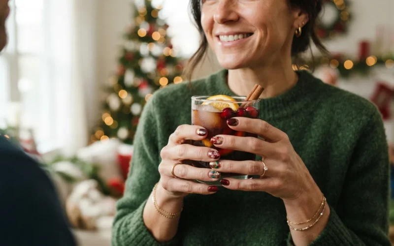 a woman with festive nail art holding a holiday drink or party decoration
