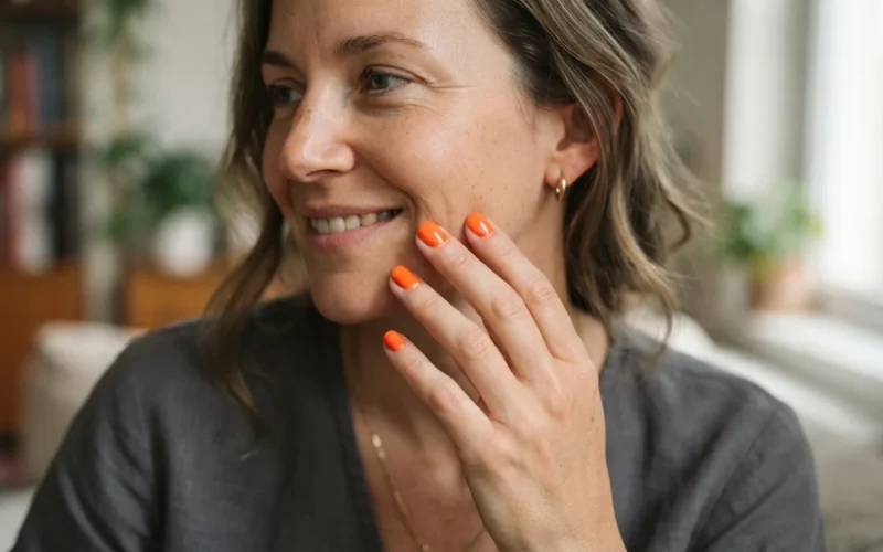 a woman with bright orange nail polish