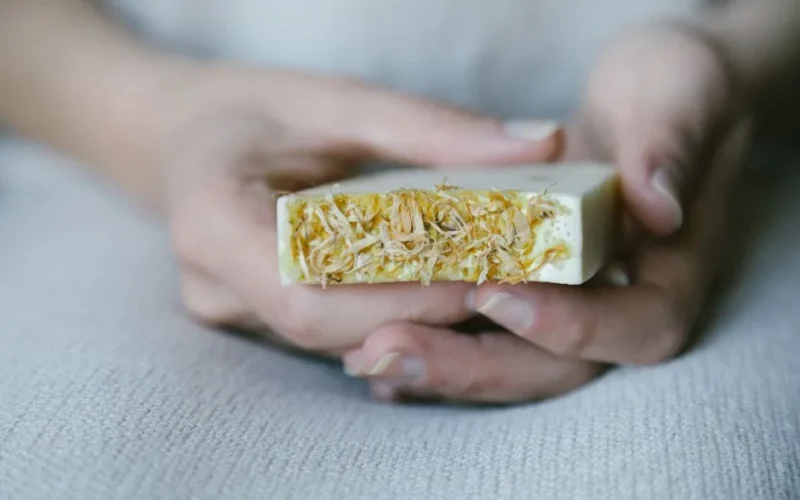 Close-up of hands holding eco-friendly handmade soap with natural extracts.