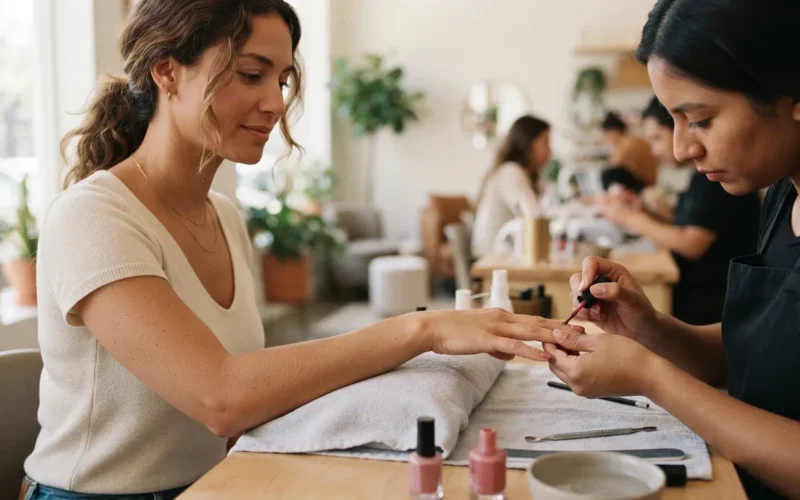 a woman having her nails painted at a salon