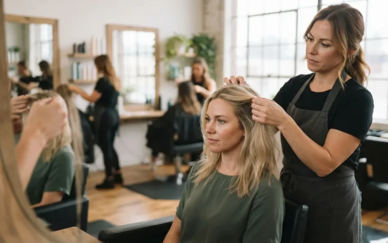 a woman with blonde hair being examined by a stylist in a salon