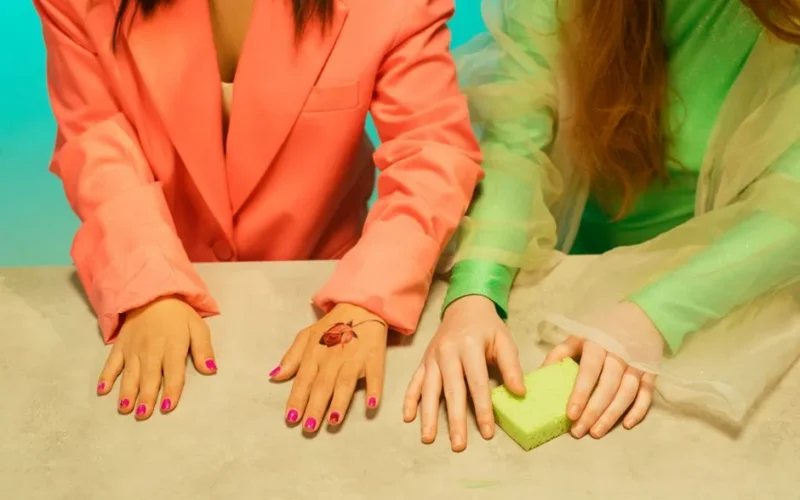 Stylish image of hands with manicure and temporary tattoos showcasing fashion trends.