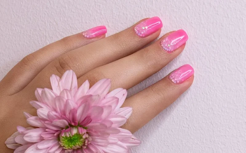 Close-up of a woman's hand with pink manicure and chrysanthemum flower, showcasing trendy nail art.